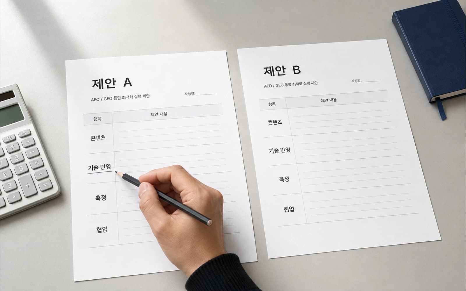 한국어 제안서 두 장에서 콘텐츠, 기술 반영, 측정과 협업 범위를 비교하는 장면