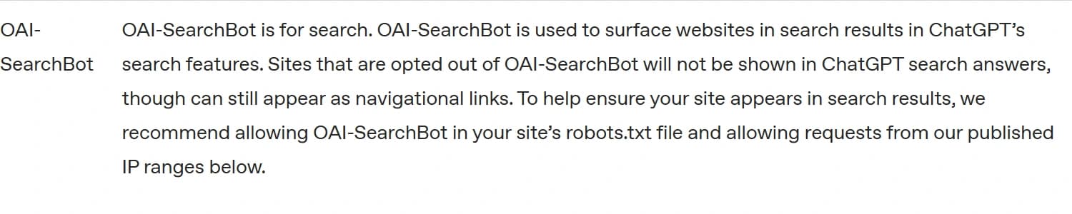 OpenAI 공식 크롤러 문서의 OAI-SearchBot 설명으로 ChatGPT 검색에 사이트를 표시하는 목적임을 안내
