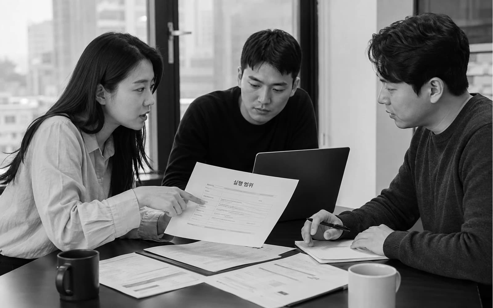 한국 마케팅 담당자들이 실행 범위 제안서를 검토하며 질문하는 상담 장면