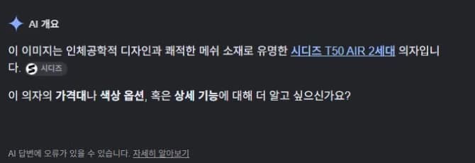 Google Lens의 한국어 AI 개요가 입력 사진의 시디즈 T50 2세대 대신 T50 AIR 2세대라고 설명한 실제 화면