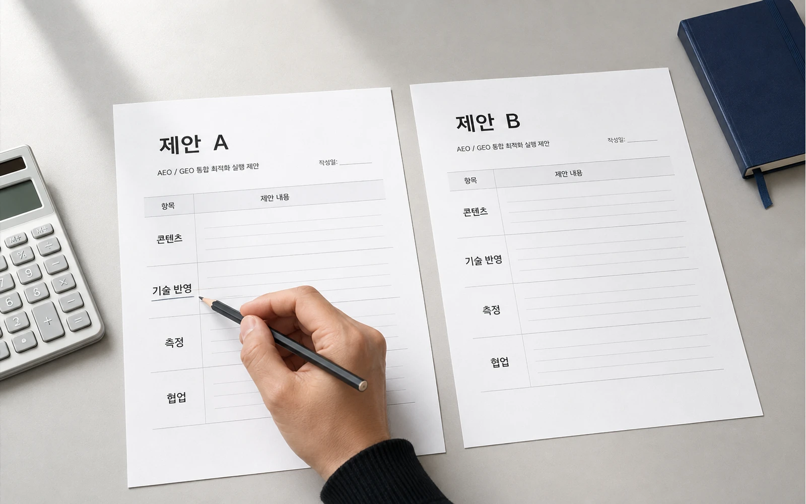 한국어 제안서 두 장에서 콘텐츠, 기술 반영, 측정과 협업 범위를 비교하는 장면