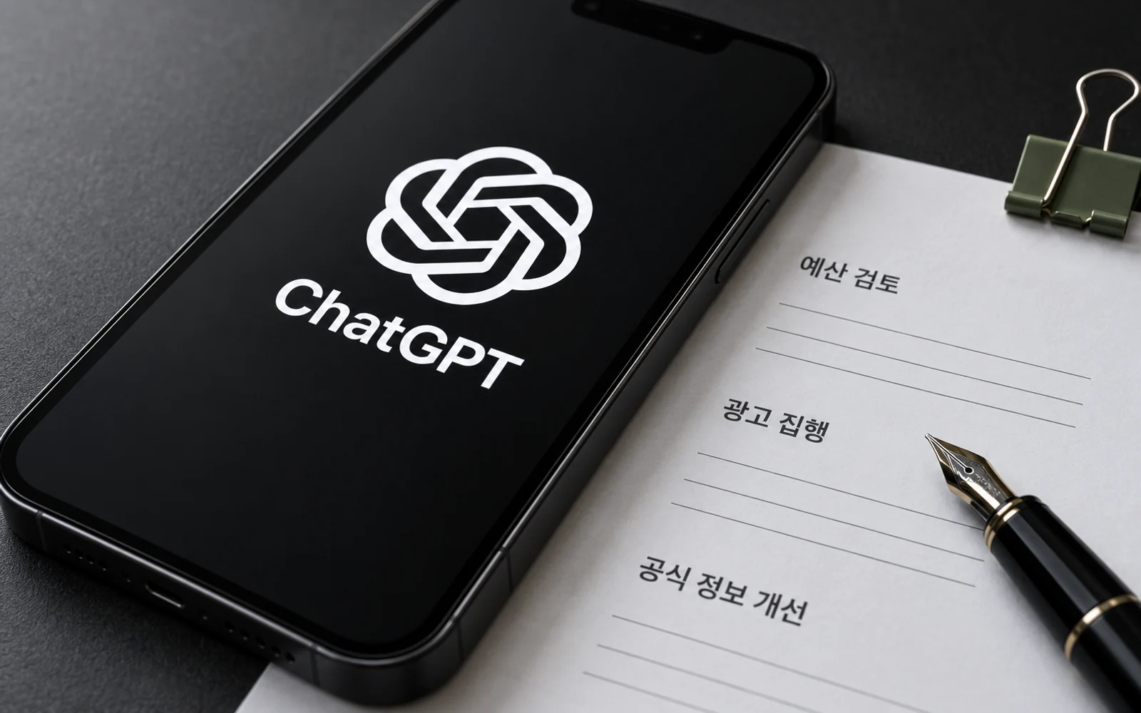 챗GPT 로고가 표시된 스마트폰과 광고 집행·공식 정보 개선을 적은 한글 예산 검토 서류의 편집 이미지