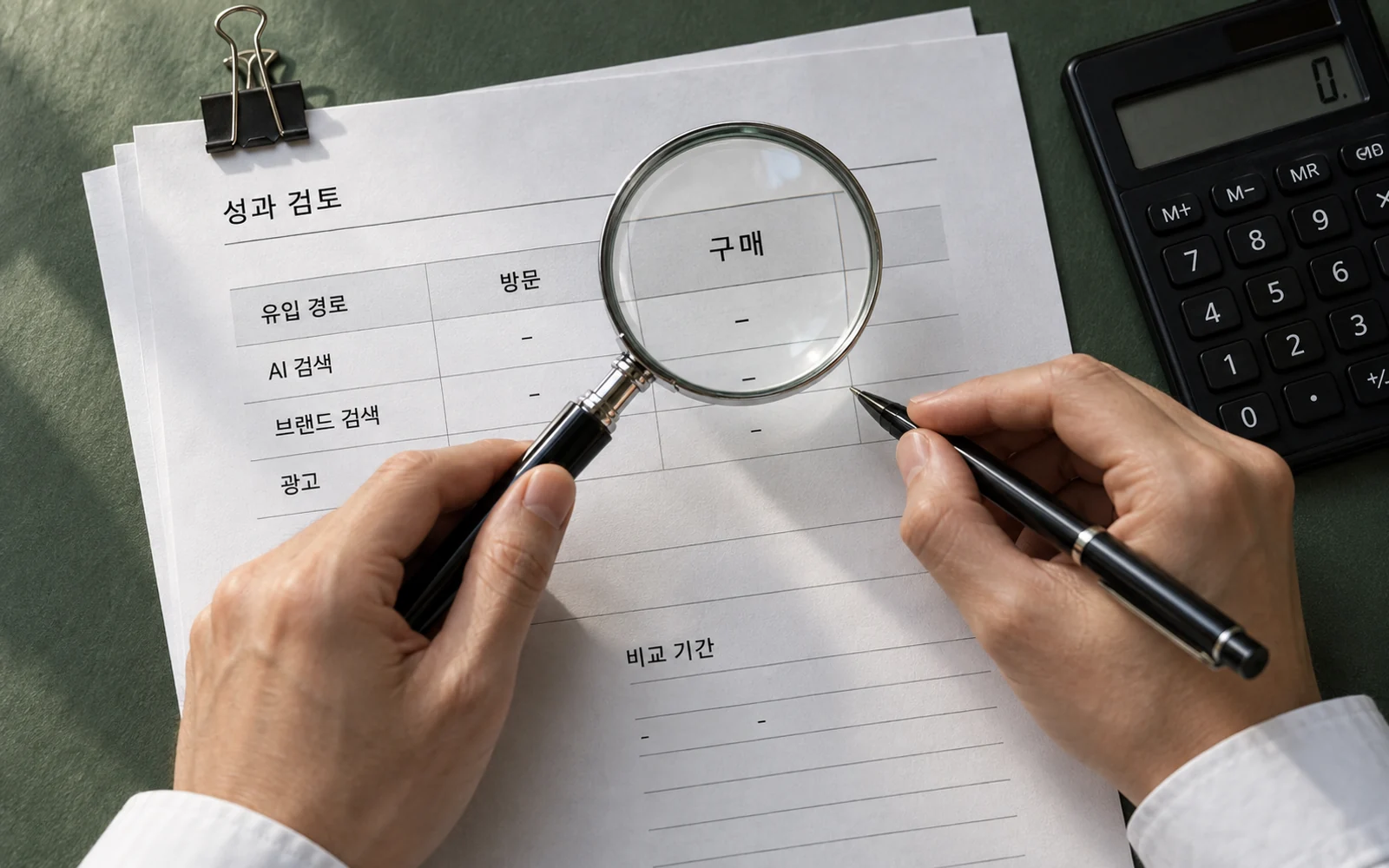 한글 성과 검토 서류의 방문과 구매 항목을 돋보기와 펜으로 확인하는 편집 이미지