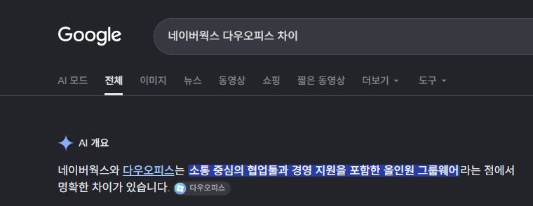 네이버웍스 다우오피스 차이를 검색한 구글 AI 개요의 한국어 답변과 다우오피스 출처 표시