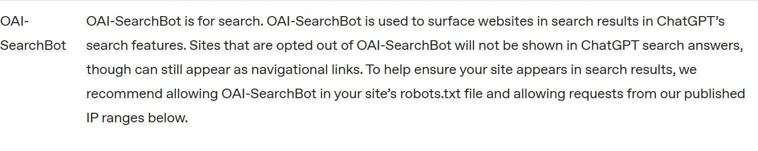 OpenAI 공식 크롤러 문서의 OAI-SearchBot 설명으로 ChatGPT 검색에 사이트를 표시하는 목적임을 안내