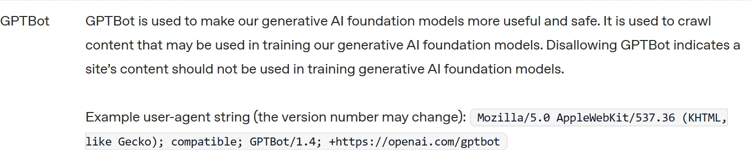 OpenAI 공식 문서의 GPTBot 설명으로 생성형 AI 기초 모델 학습에 사용될 수 있는 콘텐츠를 수집한다고 안내