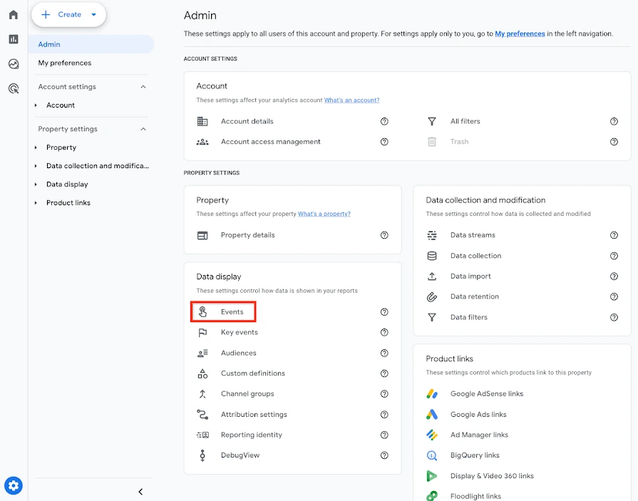 Google GA4 관리 화면의 Data display 영역에서 Events가 빨간 테두리로 강조된 공식 예시