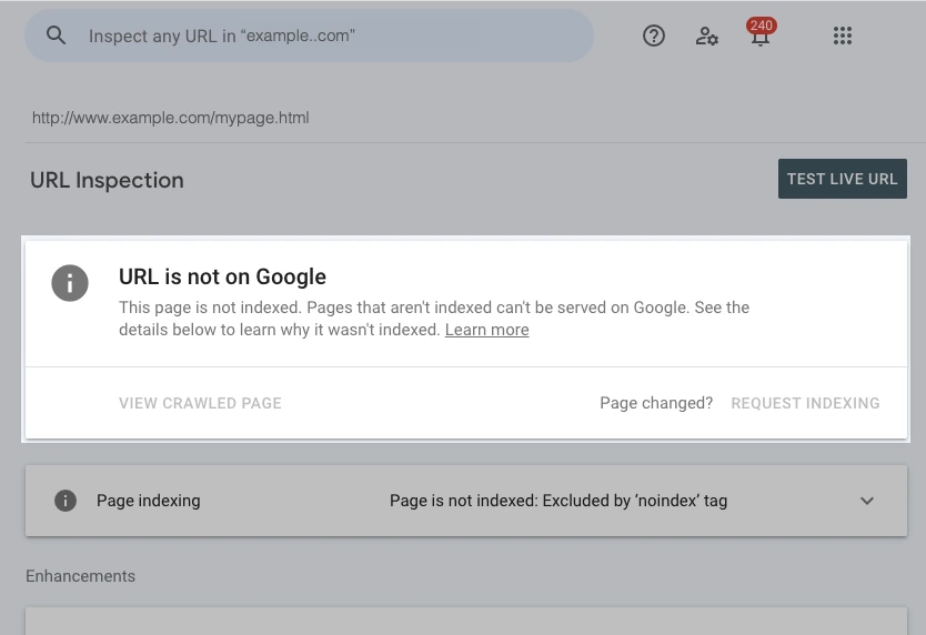 Google URL 검사 도움말의 URL is not on Google 및 Excluded by noindex tag 예시