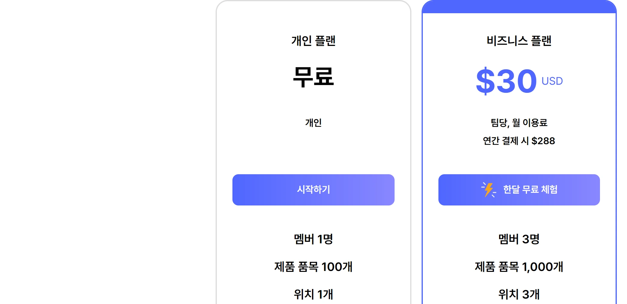 박스히어로 공개 요금표의 개인·비즈니스 플랜과 이용 인원, 제품 품목, 위치 조건