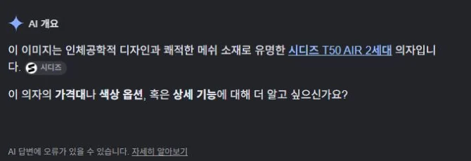 Google Lens의 한국어 AI 개요가 입력 사진의 시디즈 T50 2세대 대신 T50 AIR 2세대라고 설명한 실제 화면